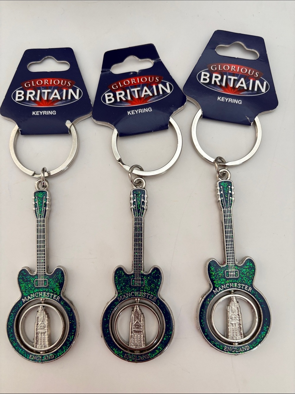 3 Glorious Britain Manchester Souvenir guitar Green/Rex keyring NWT